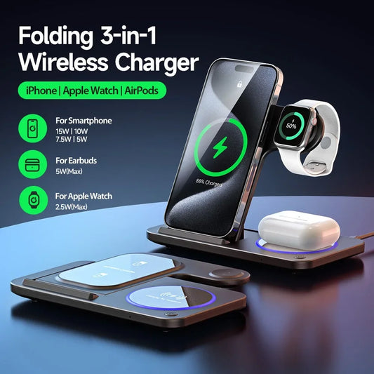 30W LED Fast Wireless Charger Stand 3 in 1 Foldable Charging Station for Iphone 15 14 13 12 11 Apple Watch 9 8 7 6 5 Airpods Pro