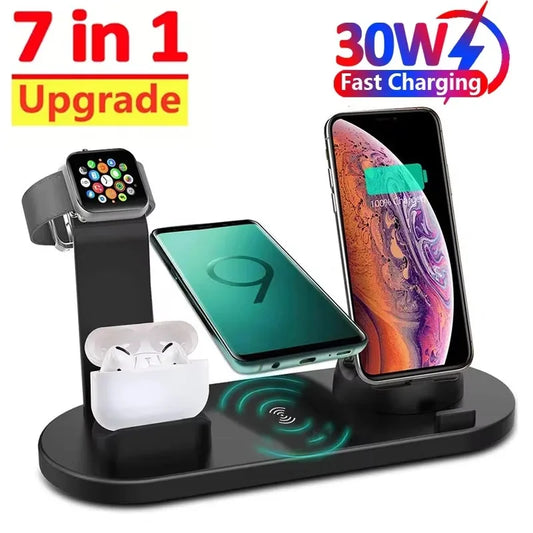 7 in 1 Wireless Charger Stand Pad for Iphone 16 15 14 13 12 X Apple Watch Airpods Desk Phone Chargers Fast Charging Dock Station
